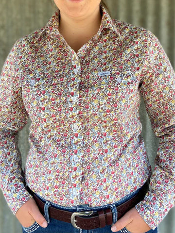 GROVERS LADIES L/S SHIRT MILEY PINK BLUE YELLOW SMALL FLOWERS