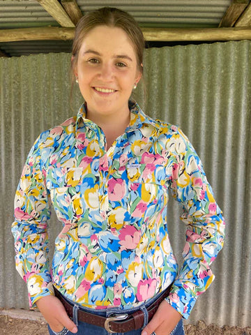 GROVERS LADIES L/S SHIRT LYNNE BRIGHT PINK BLUE YELLOW TULIPS FLOWERS