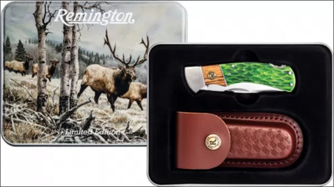 REMINGTON KNIFE - GIFT SET KNIFE & POUCH - ROCKY MOUNTAIN ELK SCENE TIN - R15718