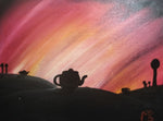 MICHELLE CRONER ORIGINAL ART PINK TEAPOT LANDSCAPE 