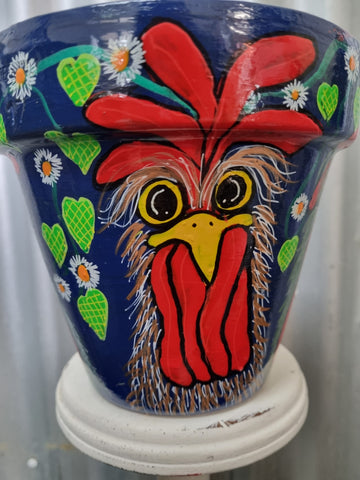 THE POT LADY HAND PAINTED POT PSYCHO CHICKEN