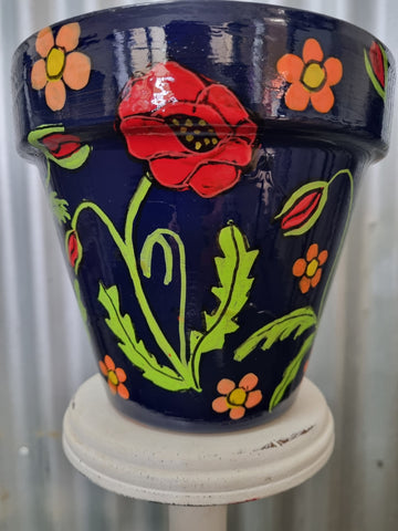 THE POT LADY HAND PAINTED POT NAVY FLORAL