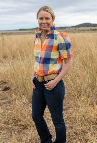 BLACK COLT LADIES SHIRT SHORT SLEEVE - ORANGE & BLUE CHECK [SZ:10]
