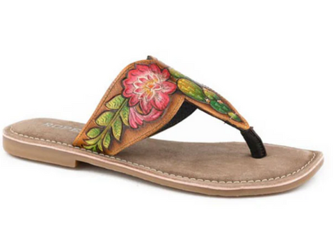 ROPER WOMENS SHOE JULIET SANDAL TAN TOOLED LEATHER - FLORAL [SZ:6]