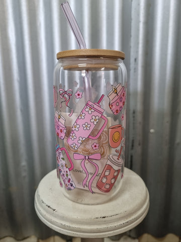 LOVE LACEY GLASS TUMBLER WITH LID & STRAW - BOWS BLOOMS & BEVERAGES