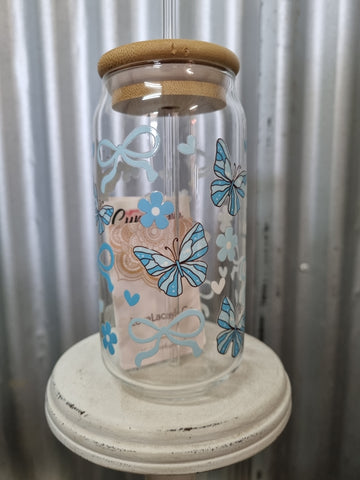 LOVE LACEY GLASS TUMBLER WITH LID & STRAW - BLUE BLOOMS N BUTTERFLIES