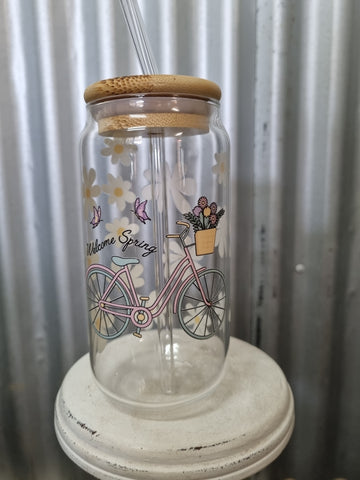 LOVE LACEY GLASS TUMBLER WITH LID & STRAW - WELCOME SPRING