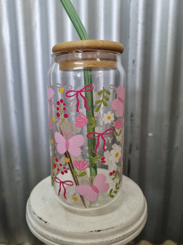 LOVE LACEY GLASS TUMBLER WITH LID & STRAW - PINK BLOOMS N BUTTERFLIES