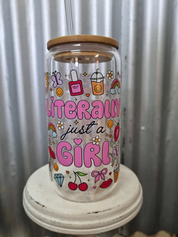 LOVE LACEY GLASS TUMBLER WITH LID & STRAW - LITERALLY GIRL