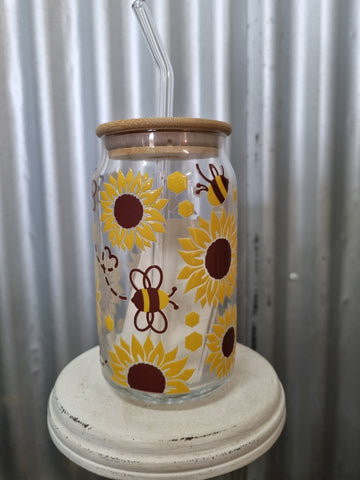 LOVE LACEY GLASS TUMBLER WITH LID & STRAW - SUNNY HONEY