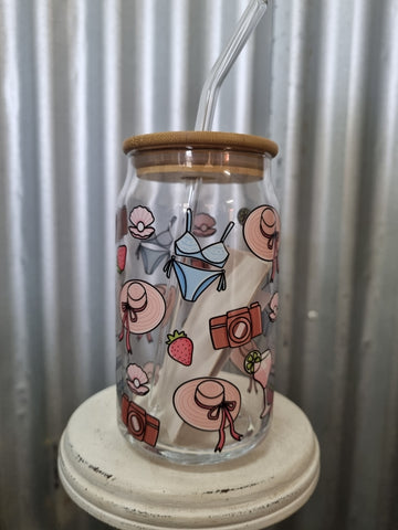 LOVE LACEY GLASS TUMBLER WITH LID & STRAW - SUMMER VACATION