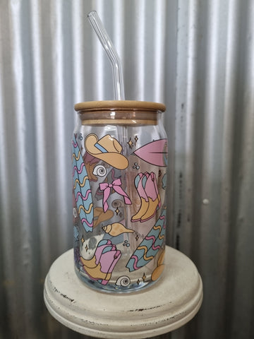 LOVE LACEY GLASS TUMBLER WITH LID & STRAW - WESTERN WAVES