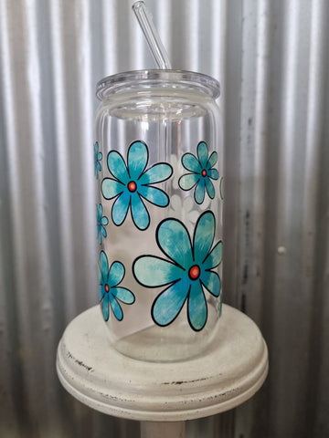 LOVE LACEY GLASS TUMBLER WITH LID & STRAW - BOLD BLUE BLOOMS