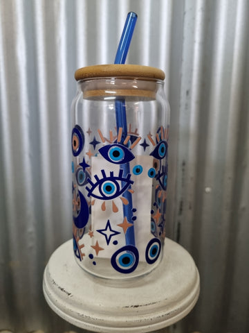 LOVE LACEY GLASS TUMBLER WITH LID & STRAW - EYES ON YOU