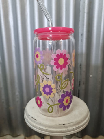 LOVE LACEY GLASS TUMBLER WITH LID & STRAW - SPRING FLOWERS