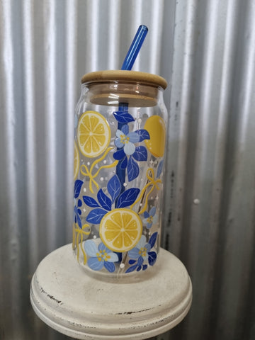 LOVE LACEY GLASS TUMBLER WITH LID & STRAW - BITTER SWEET LEMON