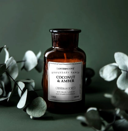 LANTERNCOVE CANDLES - DISPENSARY BOTTLE 14.5oz / 411g - COCONUT & AMBER