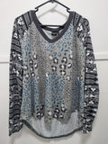 CRUEL GIRL LADIES L/S TOP - GREY TURQUOISE LEOPARD PRINT - CTK7834001 GRY [SZ:2XL]