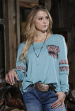 CRUEL GIRL LADIES L/S TOP - TURQUOISE WITH PRINT POCKET AND SLEEVE BANDS - CTK7209002 TUR [SZ:XXL]