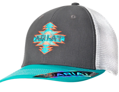 ARIAT WOMENS A FIT CAP AZTEC LOGO CHARCOAL / WHITE / TURQUOISE
