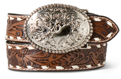 ARIAT BOYS BELT 1 1/4" BROWN HAND-TOOLED LACE STITCH LEATHER BULL RIDER BUCKLE [SZ:20" 51CM]