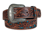 ROPER BELT GENUINE LEATHER FLORAL TOOLED DESIGN COGNAC / TURQUOISE [SZ:38]
