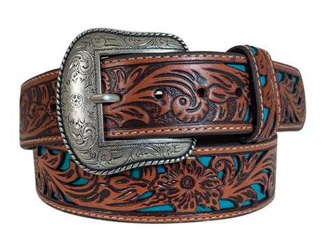 ROPER BELT GENUINE LEATHER FLORAL TOOLED DESIGN COGNAC / TURQUOISE [SZ:38]