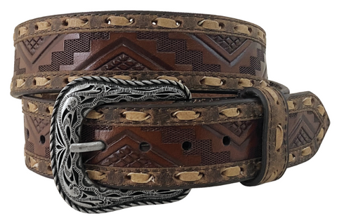 ROPER MENS BELT AZTEC EMBOSSED WHITE STITCHING GENUINE LEATHER BROWN [SZ:34]