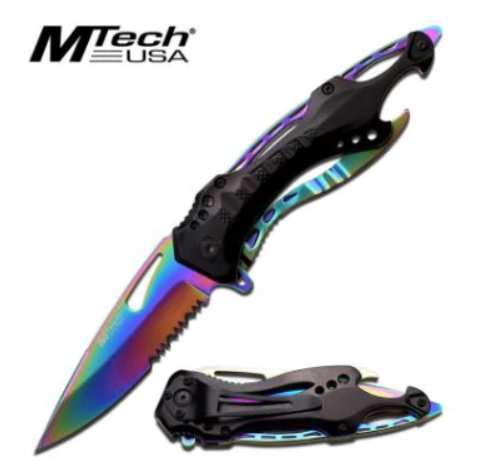 MTECH USA POCKET KNIFE 114MM TITANIUM COATED BLACK RAINBOW MT705RB 