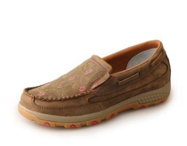 TWISTED X LADIES CELL STRETCH SLIP ON MOCS CACTUS STITCH BOMBER PINK [SZ:6]