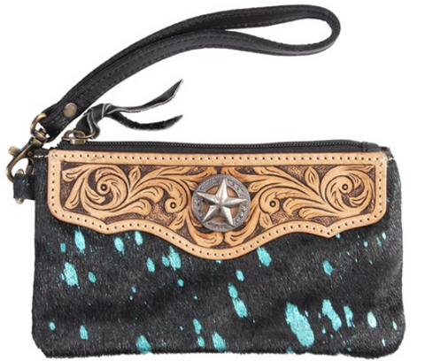 FORT WORTH COWHIDE LEATHER PURSE BLACK/TURQUOISE LADIES