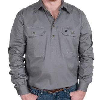 JUST COUNTRY MENS CAMERON WORKSHIRT HALF BUTTON - STEEL GREY [SZ:L]