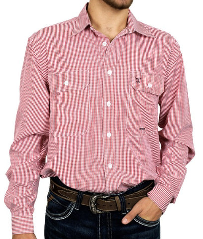 JC MENS AUSTIN LONG SLEEVE FULL BUTTON PRINT WORKSHIRT CHILLI / WHITE MINI CHECK - MWLS2304 [SZ:M]