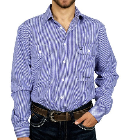 JC MENS AUSTIN LONG SLEEVE FULL BUTTON PRINT WORKSHIRT COBALT / WHITE MINI CHECK - MWLS2307 [SZ:M]