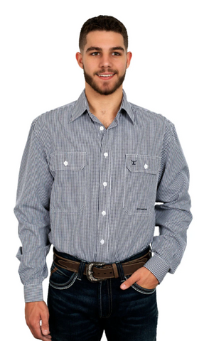 JUST COUNTRY MENS AUSTIN LONG SLEEVE FULL BUTTON PRINT WORKSHIRT NAVY/WHITE MINI CHECK [SZ:M]