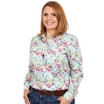 JUST COUNTRY WOMENS ABBEY FULL BUTTON PRINT WORKSHIRT MINT PEONIES [SZ:XS/8]