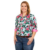 JUST COUNTRY WOMENS ABBEY FULL BUTTON PRINT WORKSHIRT WHITE HIBISCUS [SZ:S/10]
