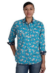 JUST COUNTRY WOMENS GEORGIE HALF BUTTON PRINT WORKSHIRT HORIZON BLUE MAGNOLIA [SZ:S/10]
