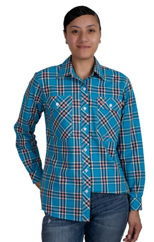 JUST COUNTRY WOMENS ABBEY FULL BUTTON PRINT WORKSHIRT BLUE JEWEL PLAID [SZ:10]