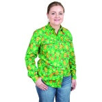 JUST COUNTRY WOMENS ABBEY LONG SLEEVE FULL BUTTON PRINT WORKSHIRT GREEN CACTUS [SZ:XS]