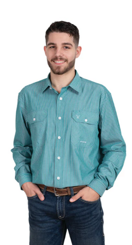 JC MENS EVAN BAMBOO WORKSHIRT GREEN WHITE STRIPE [SZ:M]