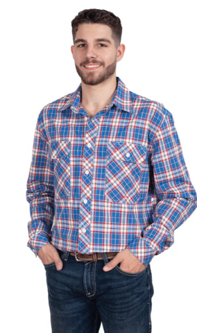 JUST COUNTRY MENS AUSTIN LONG SLEEVE FULL BUTTON PRINT WORKSHIRT BLUE RED PLAID [SZ:S]