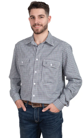 JUST COUNTRY MENS AUSTIN LONG SLEEVE FULL BUTTON PRINT WORKSHIRT NAVY GREEN MINI CHECK [SZ:L]