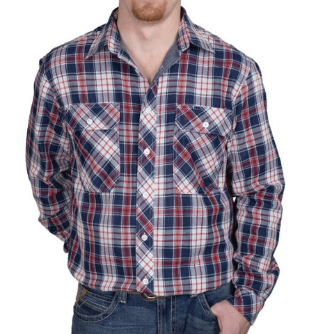 JC MENS AUSTIN LONG SLEEVE FULL BUTTON PRINT WORKSHIRT CHILLI & NAVY CHECK - MWLS2517