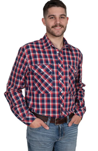 JUST COUNTRY MENS AUSTIN LONG SLEEVE FULL BUTTON PRINT WORKSHIRT NAVY/RED PLAID [SZ:M]