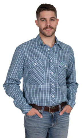 JUST COUNTRY MENS AUSTIN LONG SLEEVE FULL BUTTON PRINT WORKSHIRT NAVY IVY GREEN CHECK [SZ:M]