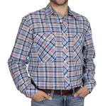 JC MENS AUSTIN LONG SLEEVE FULL BUTTON PRINT WORKSHIRT BLUE / NAVY / ORANGE PLAID - MWLS2534 [SZ:M]