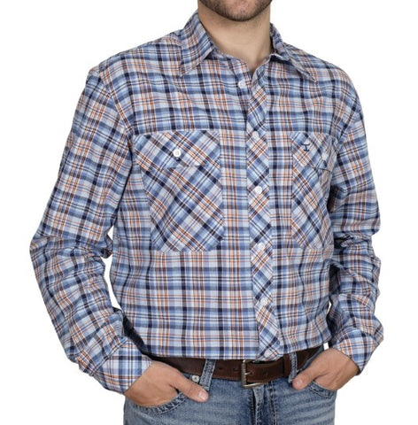 JC MENS AUSTIN LONG SLEEVE FULL BUTTON PRINT WORKSHIRT BLUE / NAVY / ORANGE PLAID - MWLS2534 [SZ:M]