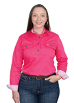 JUST COUNTRY WOMENS JAHNA TRIM HALF BUTTON WORKSHIRT HOT PINK WHITE HOT PINK STRIPE [SZ:10]