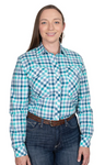 JUST COUNTRY WOMENS ABBEY FULL BUTTON PRINT WORKSHIRT TURQUOISE DEEP TEAL CHECK [SZ:10]